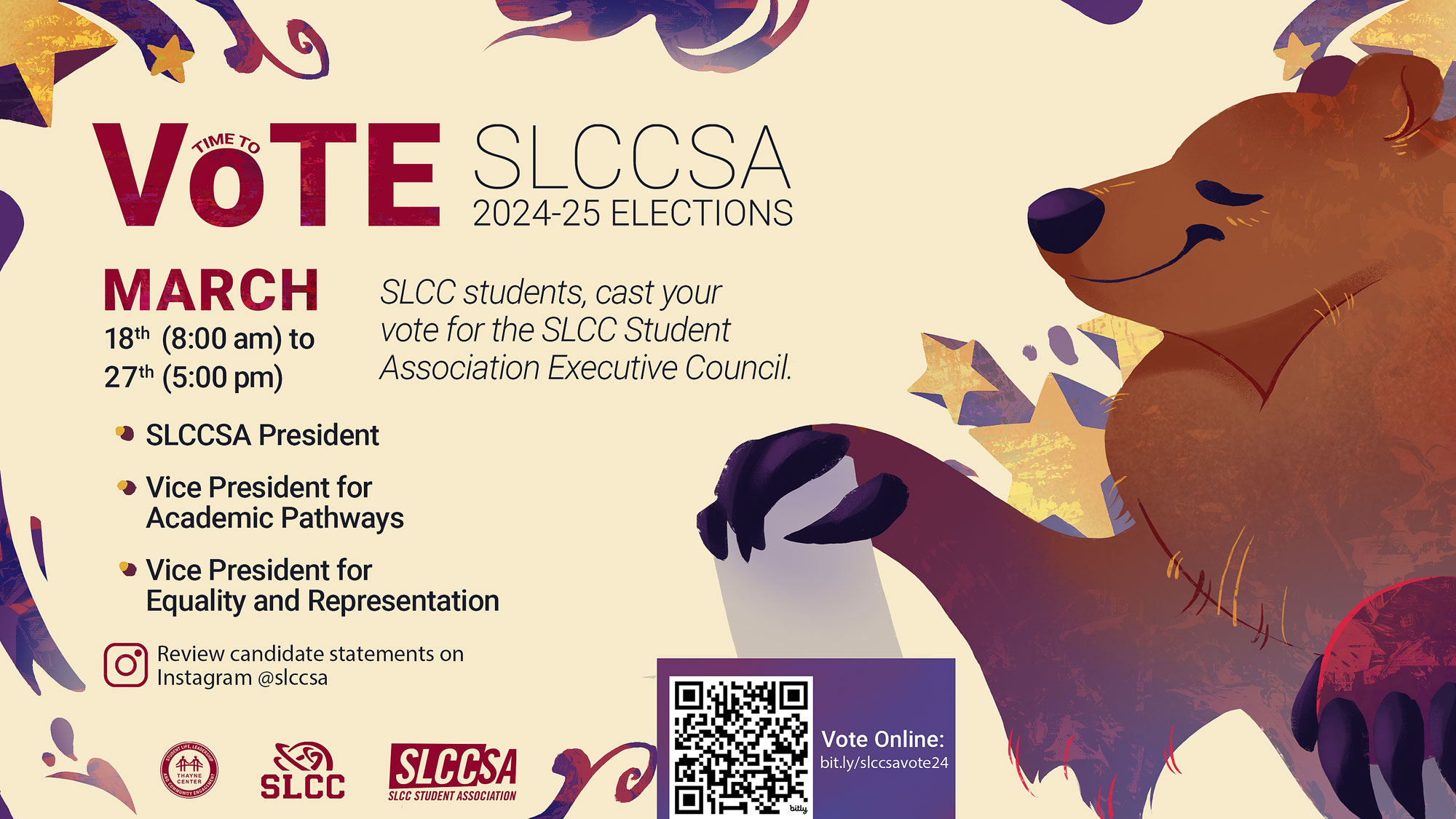 Graphic of Bruin Bear casting a vote with SLCCSA election information