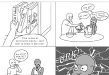 Comic: Different ethnicities, different tastes Panel 1: Student 1 grabs "USA Flakes" cereal box from selection of "Asia Puffs" and "Coco Islands" and says, "This is one of my favorite brands. I can't wait to share it with you!" Panel 2: Student 2, wearing tank top, says "That good huh?" Student 1, wearing t-shirt, pours "USA Flakes" cereal into bowls and says, "Oh yeah!" Student 2 replies, "Can't wait to try it, thanks for sharing man." Panel 3: Student 1 says, "Any time! Now let's dig in!" as both students begin to eat cereal. Panel 4: Student 2 makes a strained face, saying "URK!" Panel 5: Student 1, smiling, says "Best in the world right?" as Student 2 makes a "Bleh!" sound while spitting cereal back into bowl. Panel 6: Student 2 looks quizzically at Student 1, who is enjoying the cereal.