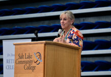 Remembering 10 years of leadership: SLCC hosts retirement celebration for President Deneece Huftalin Deneece Huftalin speaking to attendees from behind a podium