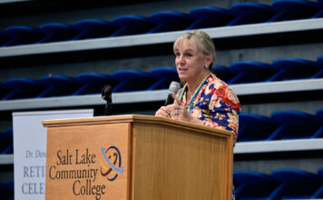 Remembering 10 years of leadership: SLCC hosts retirement celebration for President Deneece Huftalin Deneece Huftalin speaking to attendees from behind a podium