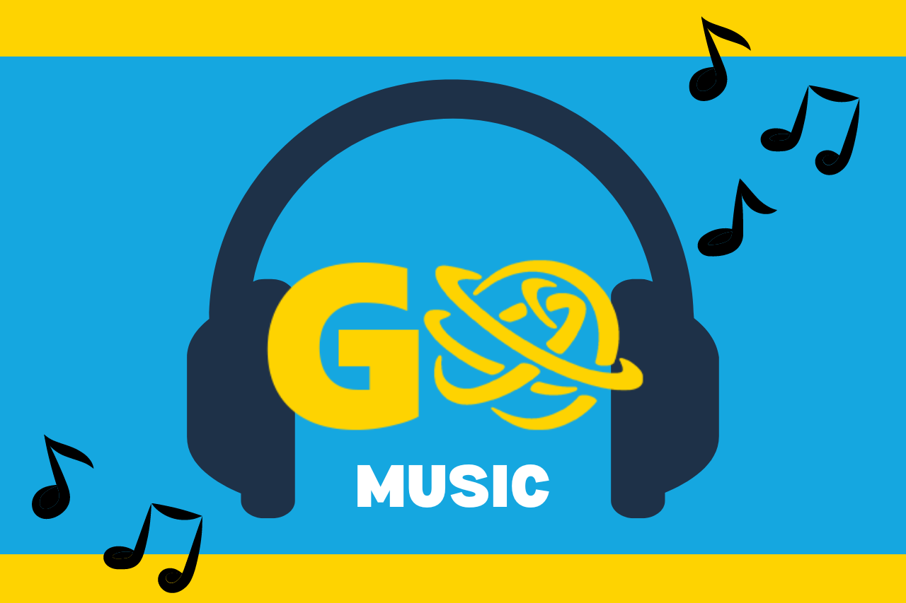 Headphones and music notes surround the Globe logo