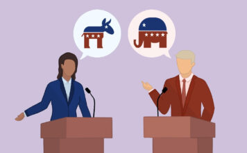 Election 2024: Trump vs. Harris on higher education Graphical representation of Democrat Kamala Harris and Republican Donald Trump standing at podiums