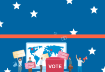 What college students in Utah need to know about voting in the 2024 presidential election Graphic of voters holding signs in front of a world map on a blue background with white stars