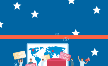What college students in Utah need to know about voting in the 2024 presidential election Graphic of voters holding signs in front of a world map on a blue background with white stars