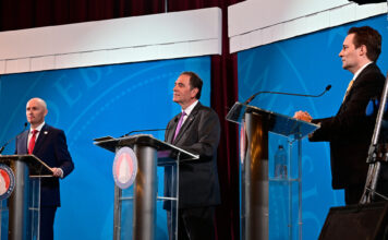 Behind the scenes of Utah’s 2024 gubernatorial debate Spencer Cox, left, Brian King, center, and Robert Latham standing at debate podiums