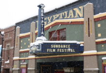 Upcoming 2025 Sundance Film Festival offers two ticket packages for young adults Snow falling in Park City outside Egyptian Theatre