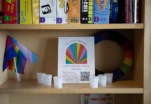 University of Utah faculty, staff, students offer support after HB 261 Candles and LGBTQ-themed decorations on a shelf with a memorial sign for LGBT Resource Center