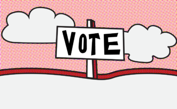 University of Utah students discuss issues they care about in 2024 election Graphic depicting a vote sign in front of a red sky