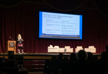 Facebook whistleblower Frances Haugen speaks at SLCC on social media regulation Frances Haugen giving a presentation on stage