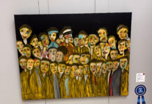 Salt Lake Community College presents annual President’s Art Show Charcoal painting of a crowd of people hanging in a gallery with a blue ribbon