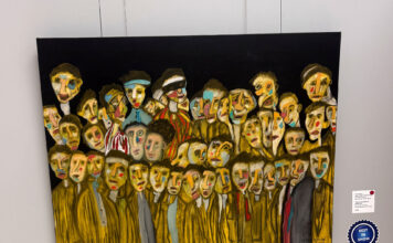Salt Lake Community College presents annual President’s Art Show Charcoal painting of a crowd of people hanging in a gallery with a blue ribbon