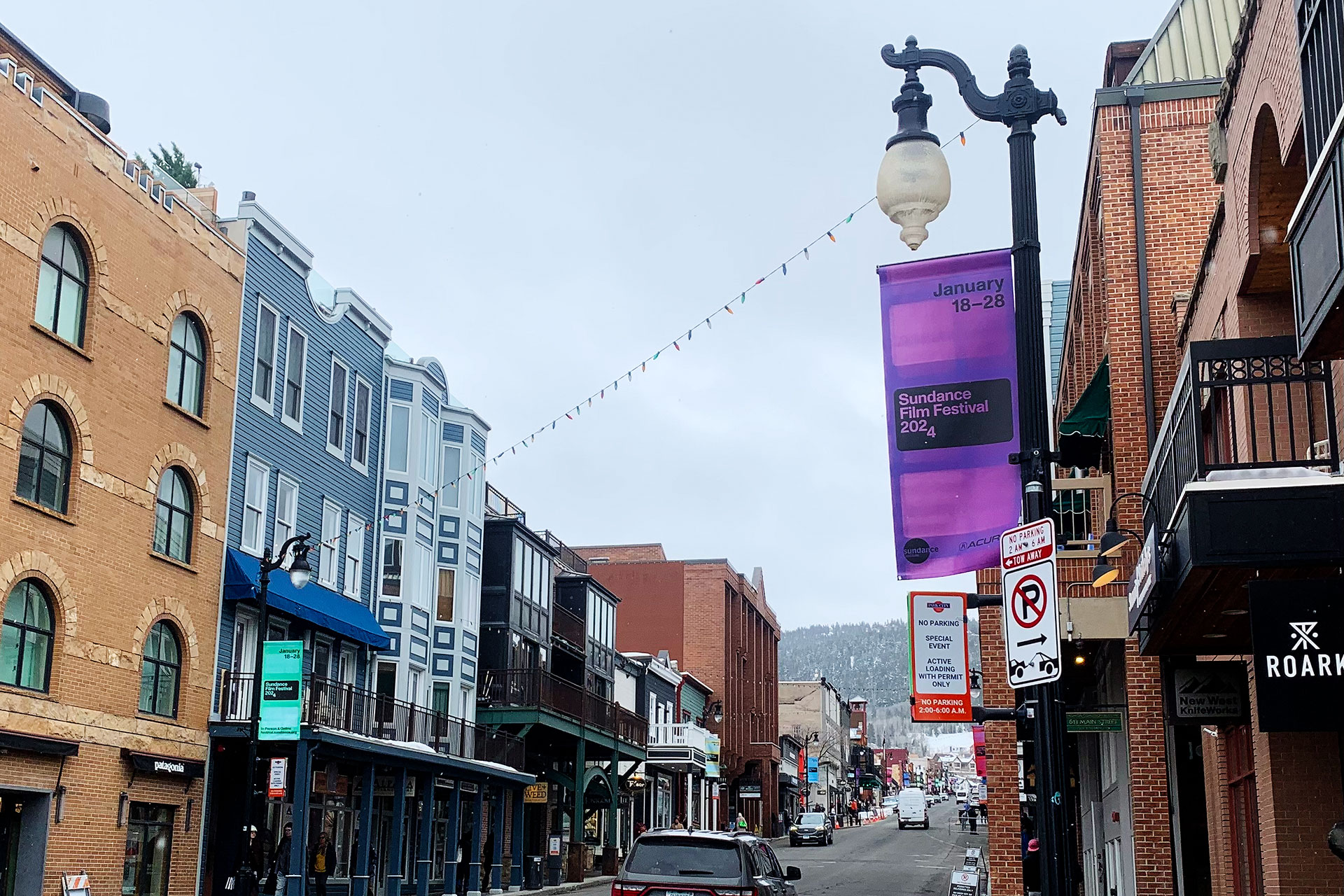 A Park City street, decorated for the 2024 Sundance Film Festival