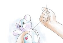 Make your own friend Tuesday at Jordan Campus Illustration of a person stitching an arm to a stuffed bear