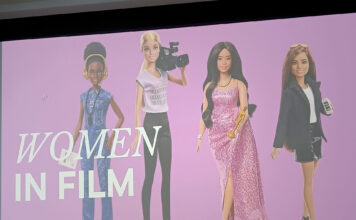 SLCC club fundraiser spotlights women in film Projection screen displaying "Women in Film" juxtaposed with Barbie dolls