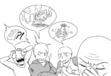 Student excuses and where they come from Illustration of a frustrated teacher listening to three students' excuses for missing homework