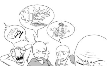 Student excuses and where they come from Illustration of a frustrated teacher listening to three students' excuses for missing homework