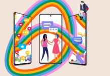 Navigating communication and media consumption in the digital era Illustration of three smartphones open to messaging apps connected by a ribbon