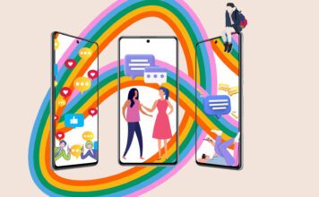 Navigating communication and media consumption in the digital era Illustration of three smartphones open to messaging apps connected by a ribbon
