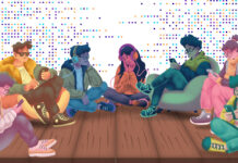 Tragedy, TikToks, taboo jokes: Understanding Gen Z’s humor Illustration of multiple students browsing smartphones while seated in a semicircle