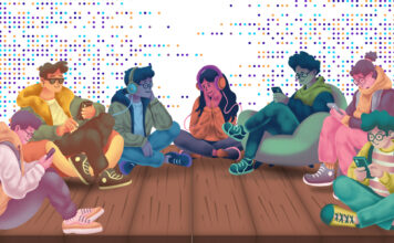 Tragedy, TikToks, taboo jokes: Understanding Gen Z’s humor Illustration of multiple students browsing smartphones while seated in a semicircle