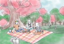 How students can give back to the environment this Earth Day Illustration of people sitting outside on a picnic blanket