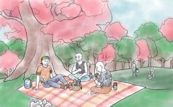 How students can give back to the environment this Earth Day Illustration of people sitting outside on a picnic blanket