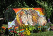Pride in full bloom: Artists explore identity and belonging at Red Butte Garden Mural depicting two male lions surrounded by rainbow flags