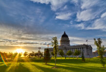 The offline movement: Communities learn to put down their screens Summer sunset of the Utah State Capitol Building