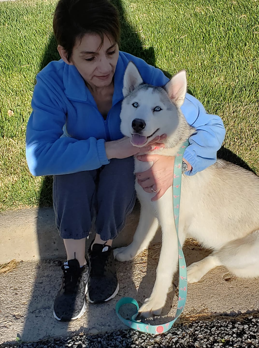 woman hugging her dog while sitting in photographer's shadow