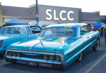 Photos: Lowriders, community members ‘Hop into College’ at SLCC West Valley Center Lowriders parked in front of campus building lit up by large SLCC letter sign