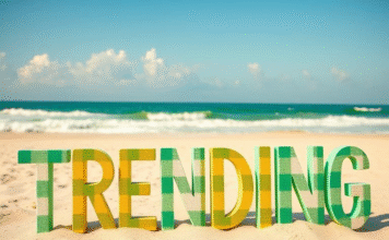Summer trends: Fashion, food, music — oh, my! the word "TRENDING" written in yellow and green plaid pattern letters displayed on a beach