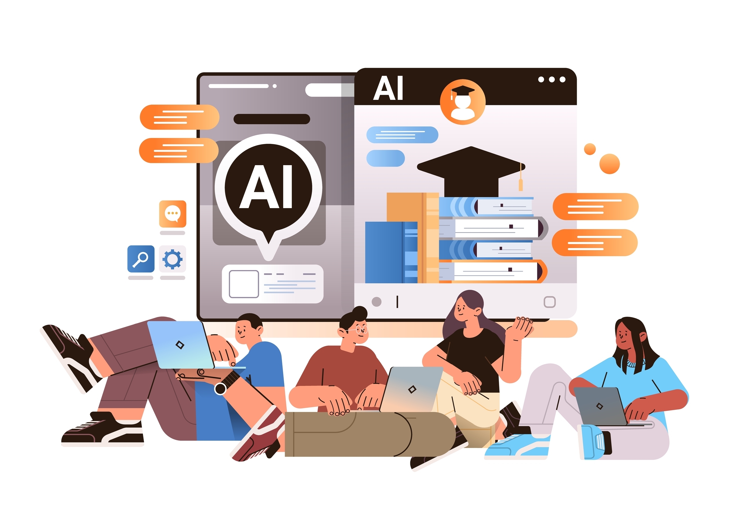 Students learning online in computer app with AI helper bot