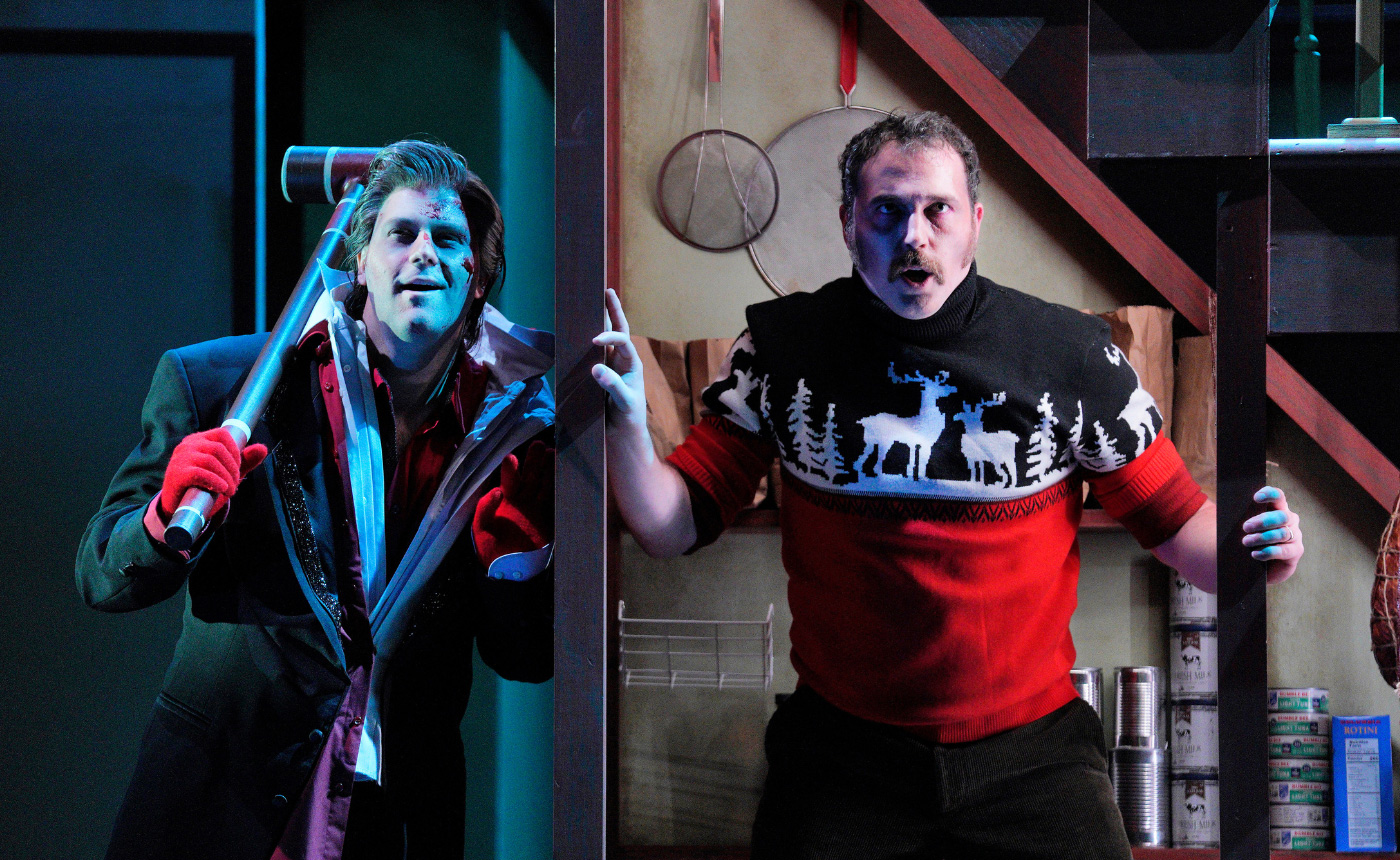 Doorway separating Craig Irvin as Jack Torrance, right, and Christian Sanders as Delbert Grady