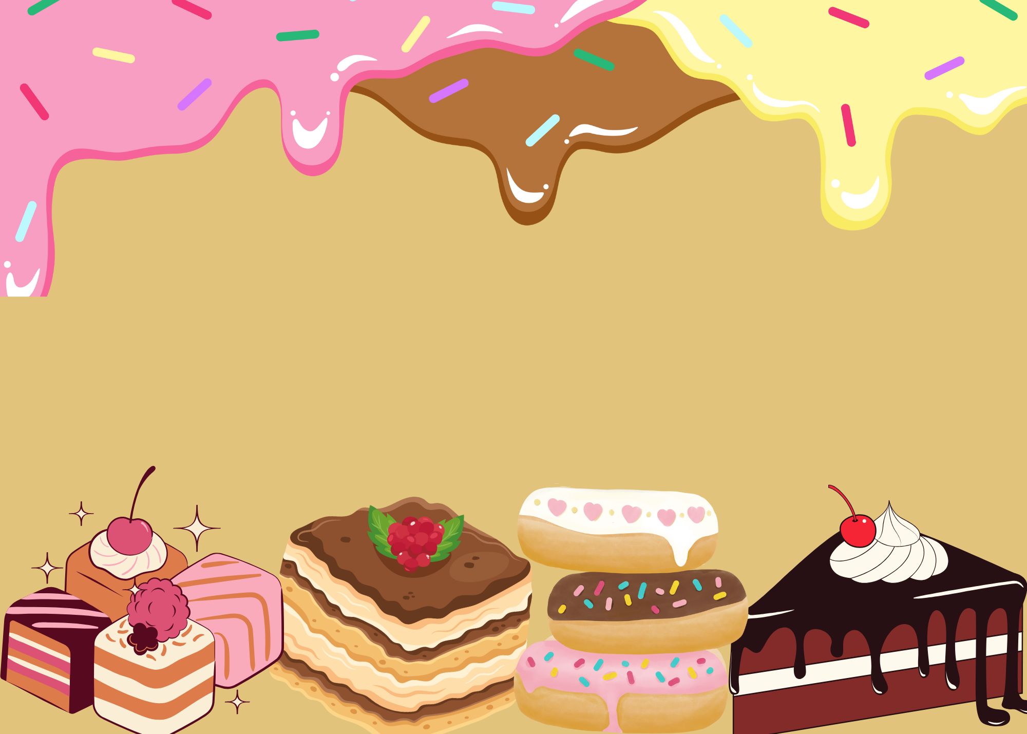 Illustration of various pastries and ice cream scoops with sprinkles