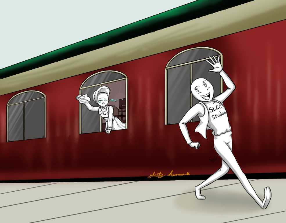 Illustration of SLCC student waving goodbye to e-portfolio from a train platform