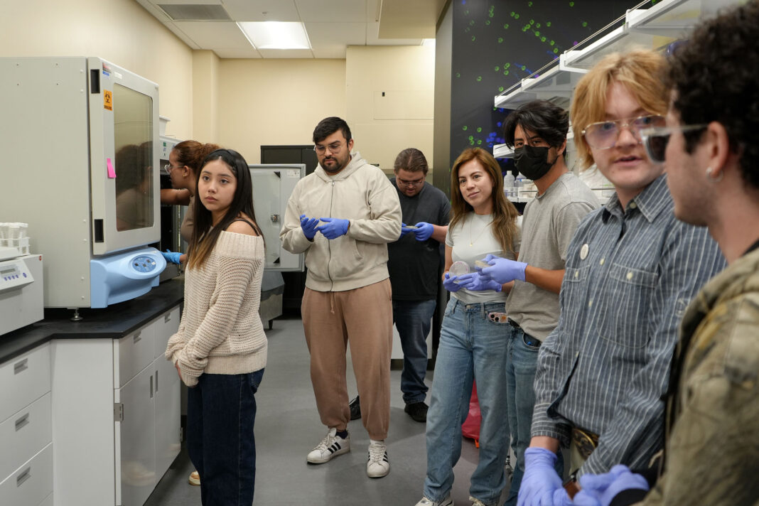 Students viewing and learning about lab equipment