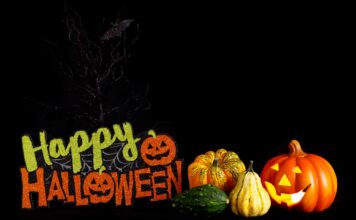 Best of Halloween in the Salt Lake Valley Happy Halloween text with gourds of various shapes and colors on a black background