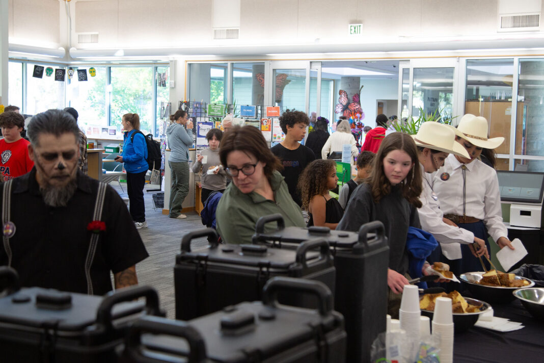 People gathering in a library