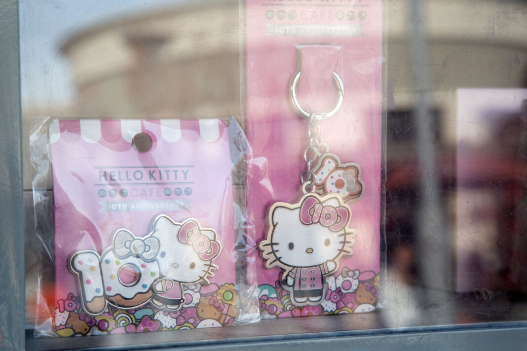 Hello Kitty merchandise on display behind glass pane