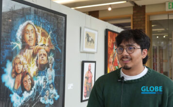 Globe News – Dec. 4, 2025 Isaac talking being interviewed next to 'Young Frankenstein' artwork