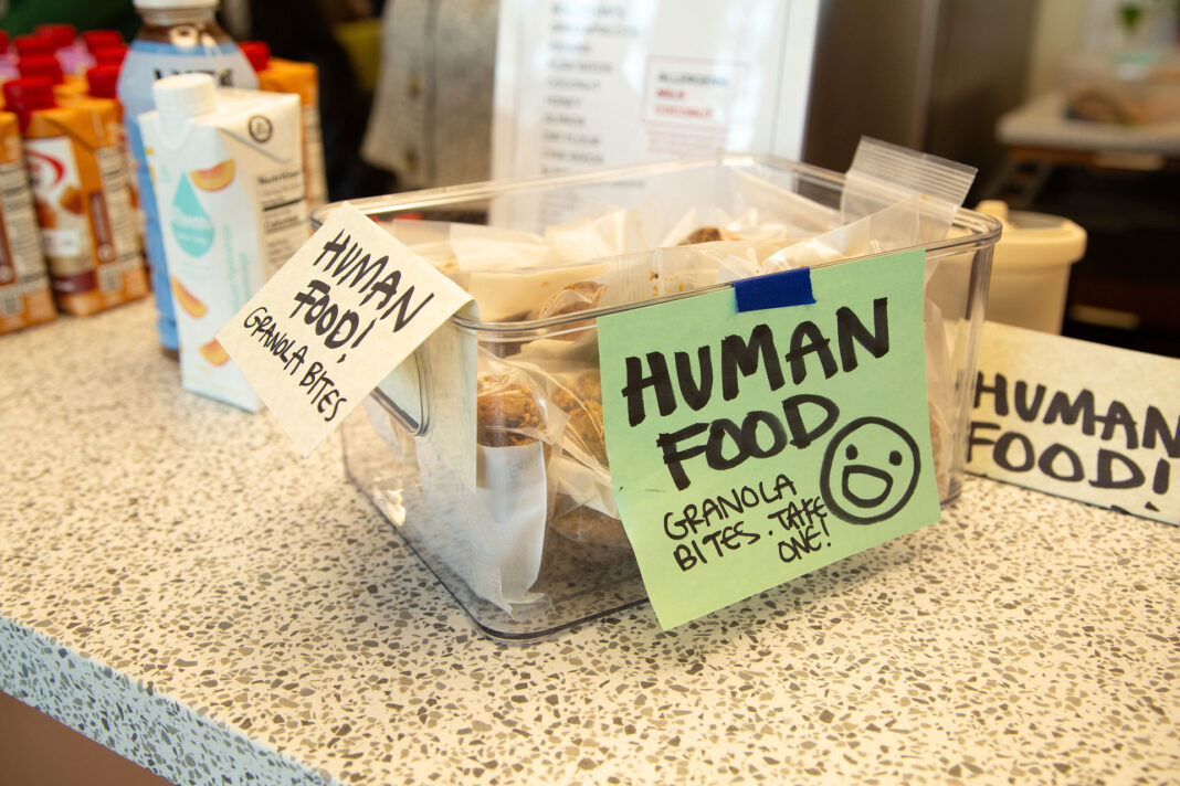 Container labeled with "human food, granola bites, take one!"