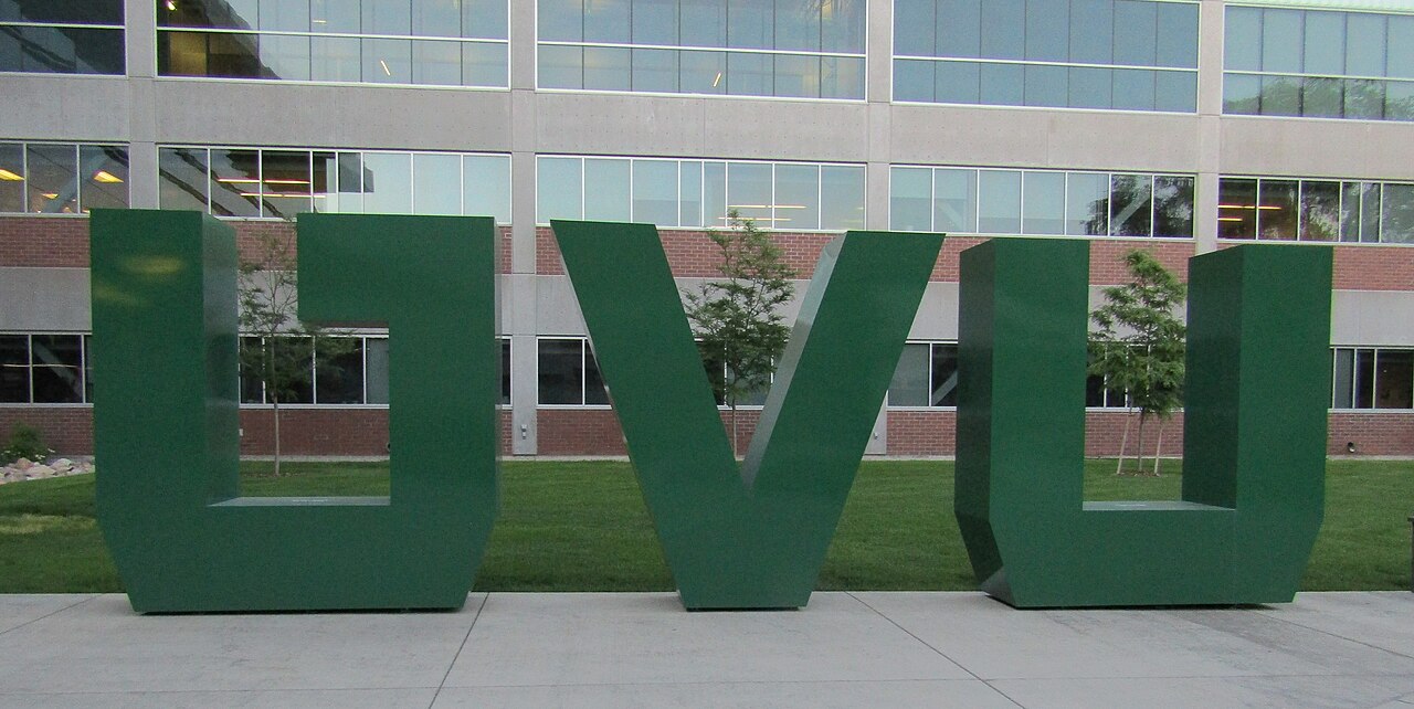The letters 'UVU' on the campus of Utah Valley University