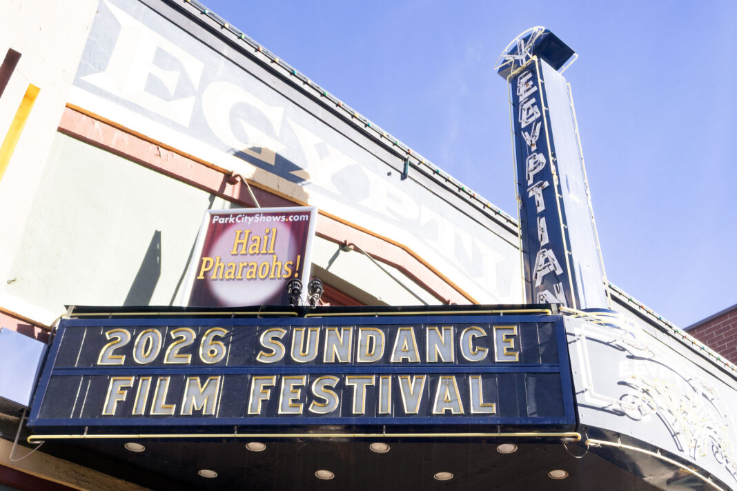 Landscape photo of the Egyptian Theatre sign with the words saying 2026 Sundance Film Festival during the day