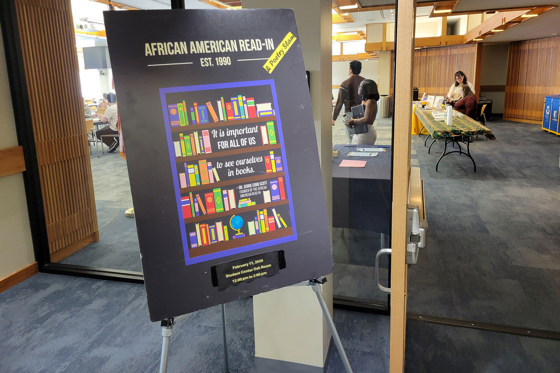Posterboard for African American Read-In being displayed outside the Oak Room