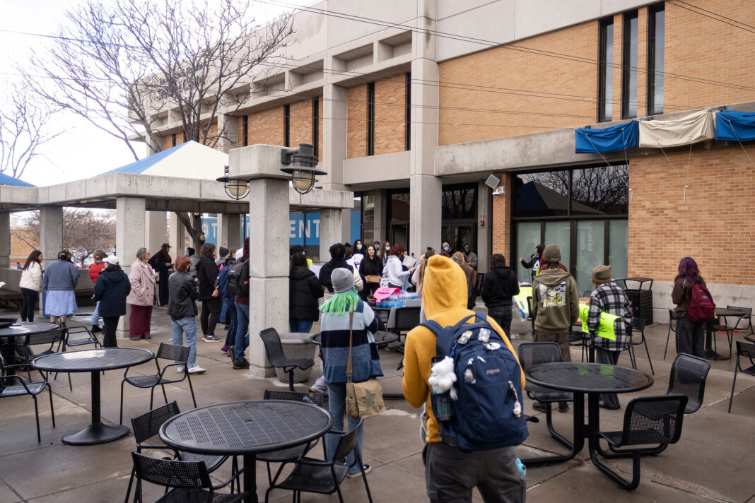 Landscape of SLCC protesters public speaking