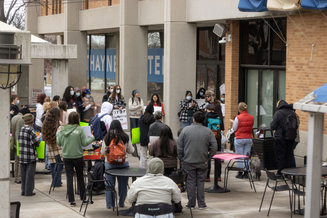 Landscape photo of SLCC protesters publicly speaking