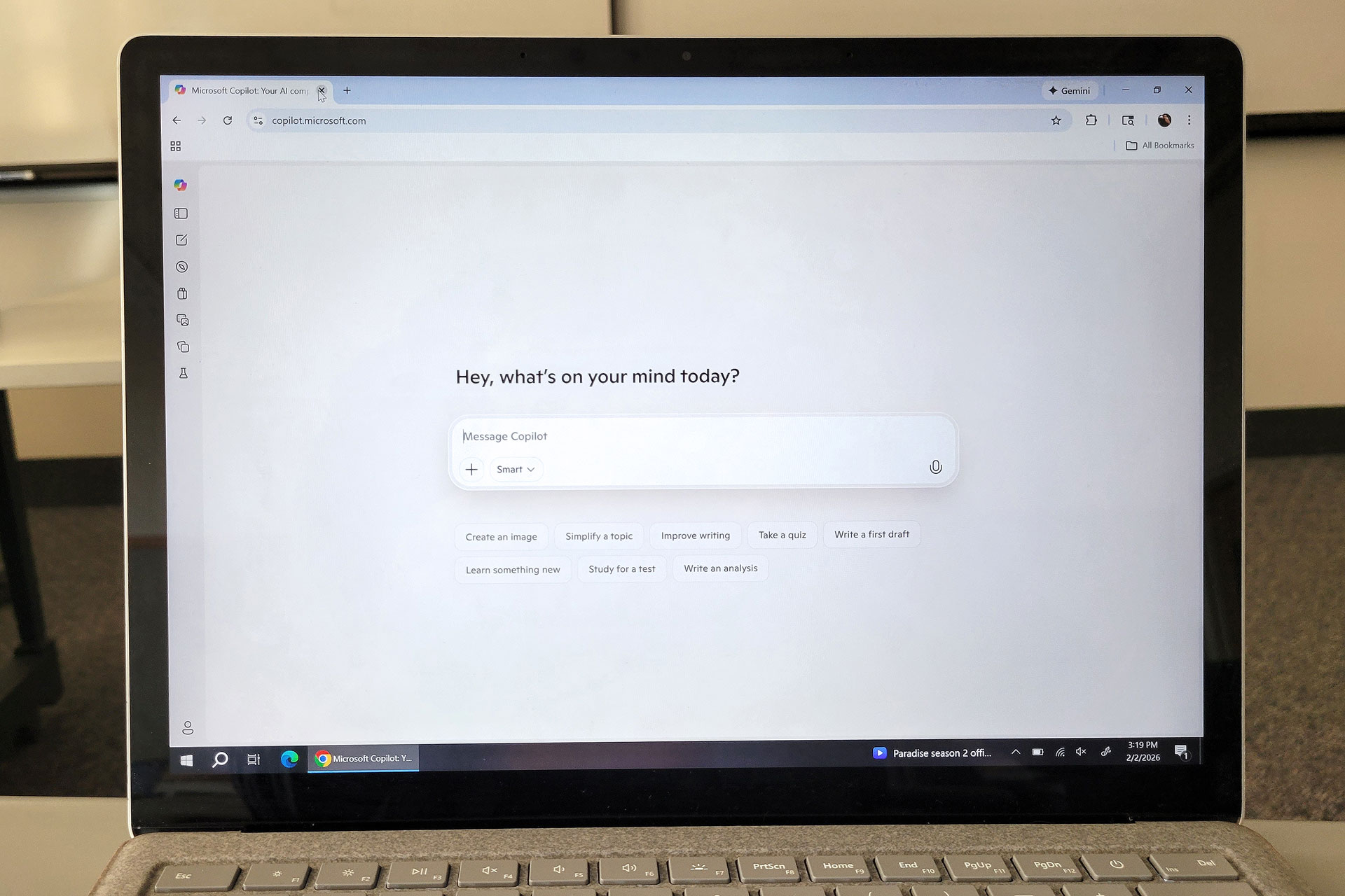 Laptop screen displaying Microsoft Copilot homepage