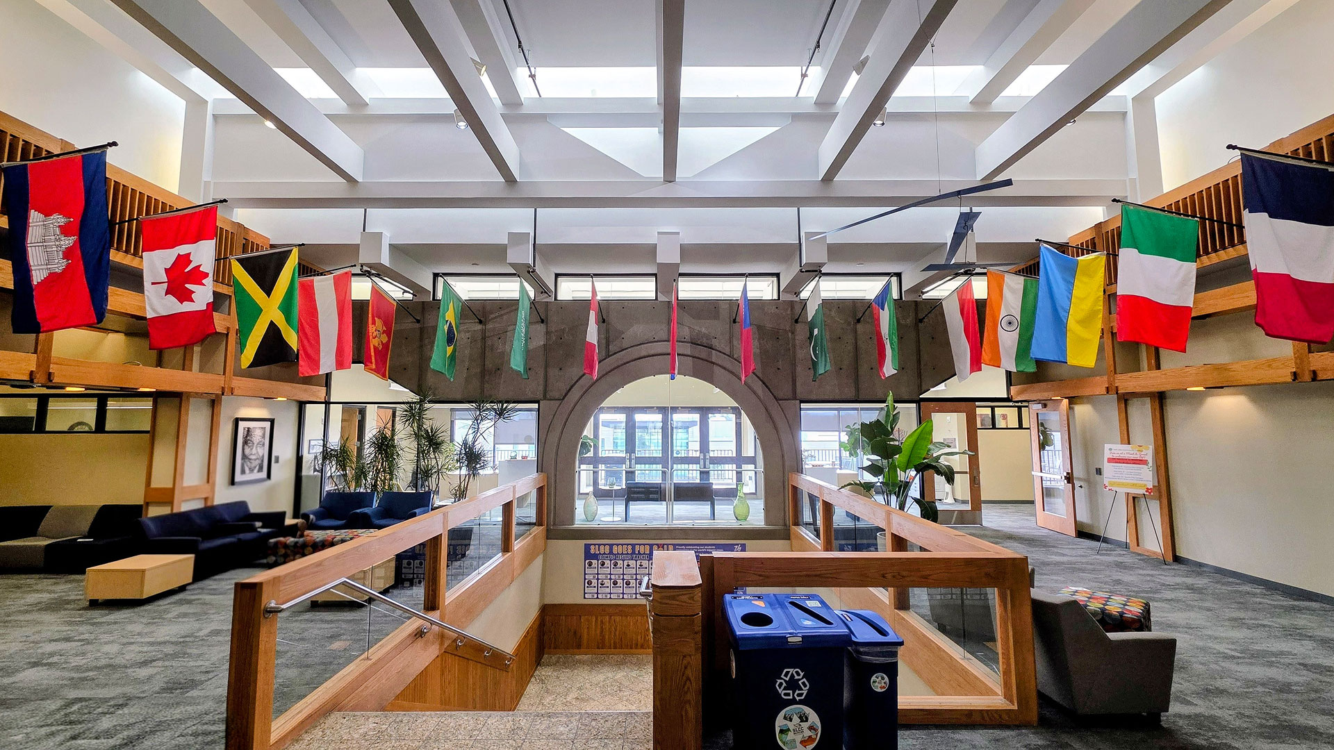 Flags of various countries hanging in the Student Center