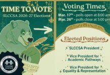 SLCCSA elections: Meet the 2026–27 candidates Graphic detailing information about 2026-27 SLCCSA elections