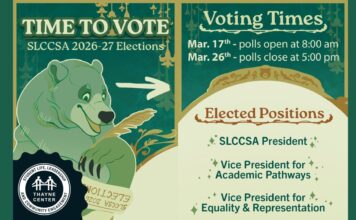 SLCCSA elections: Meet the 2026–27 candidates Graphic detailing information about 2026-27 SLCCSA elections